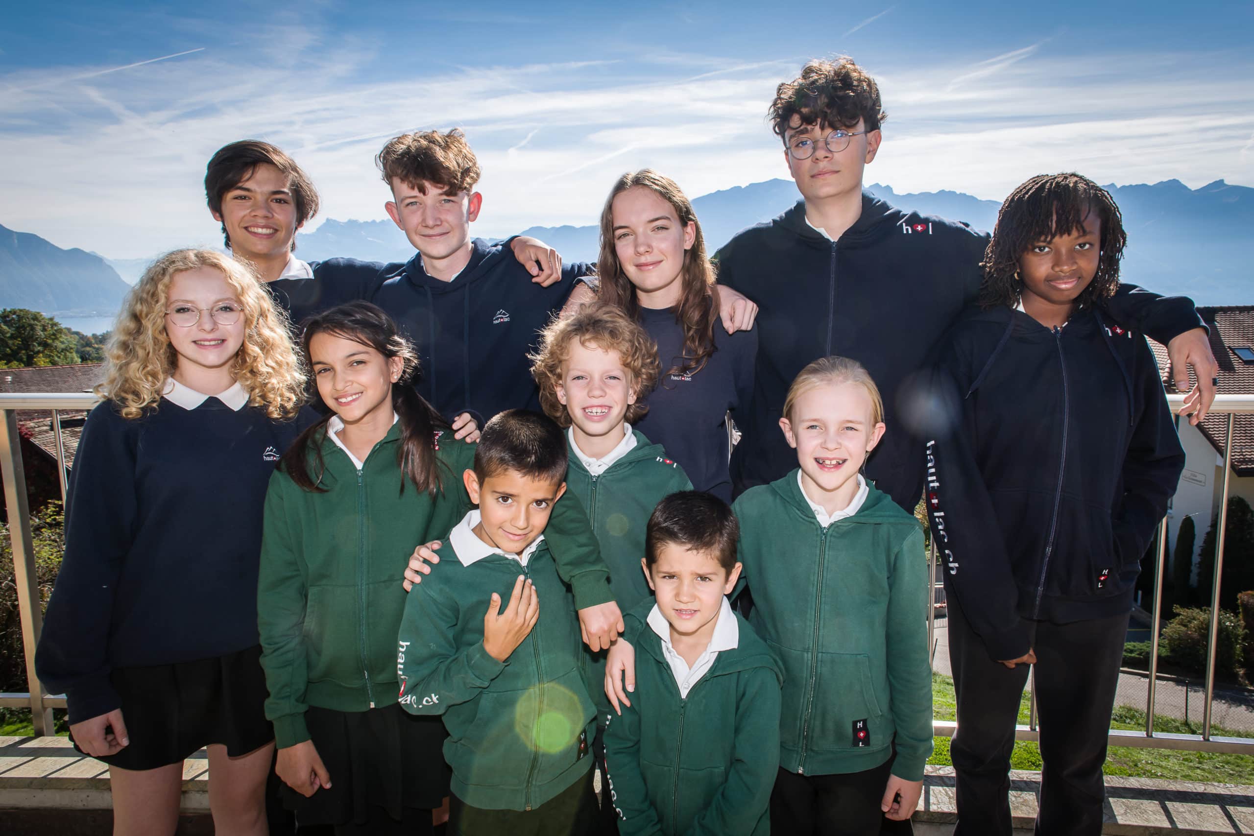 Haut-Lac students aged 3 to 18 on the school grounds