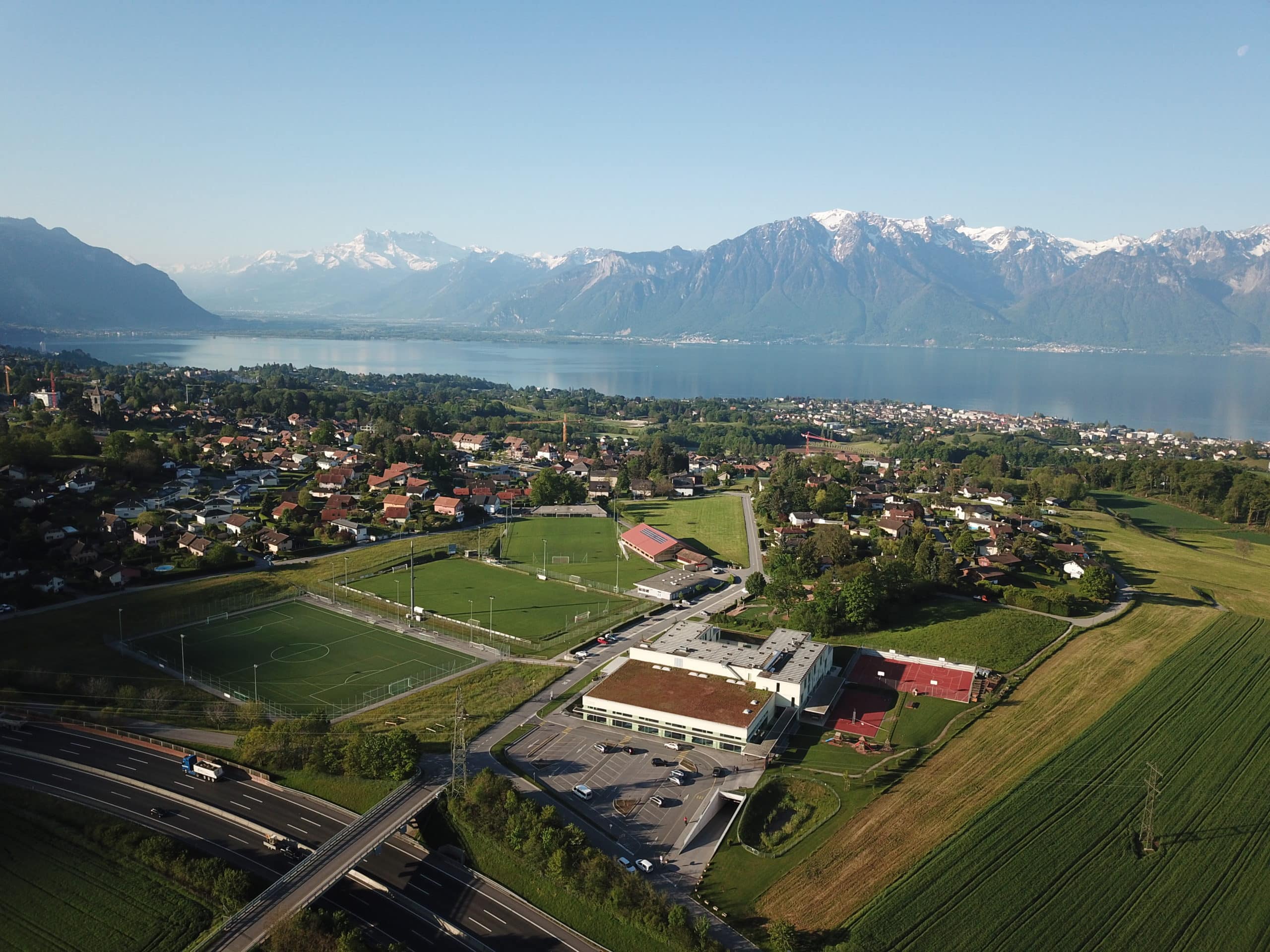 Aerial view of Haut-Lac's Praz-Dagoud campus in Saint-Légier-La Chiésaz